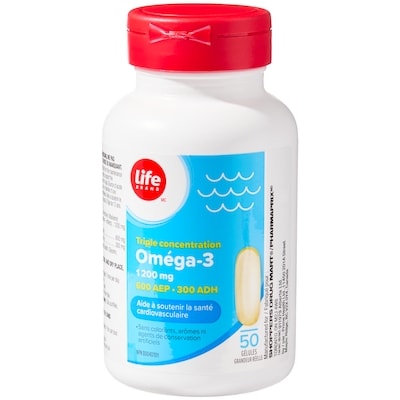 Life Oméga-3 triple concentration à 1 200 mg, 50 gélules 50 ea, 0,18 $/1ch