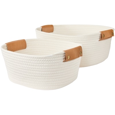 Cotton Rope Baskets with Faux Leather Handles 2 Piece Set