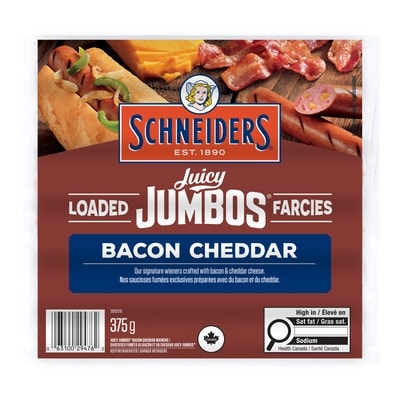 Schneiders Juicy Jumbos Loaded Bacon Cheddar Hot Dogs 375 g, $3.20/100g