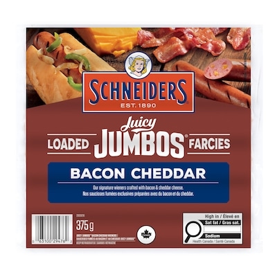 Schneiders Saucisses à hot-dog farcies au bacon et au cheddar Juicy JumbosMD 375 g, 2,67 $/100g