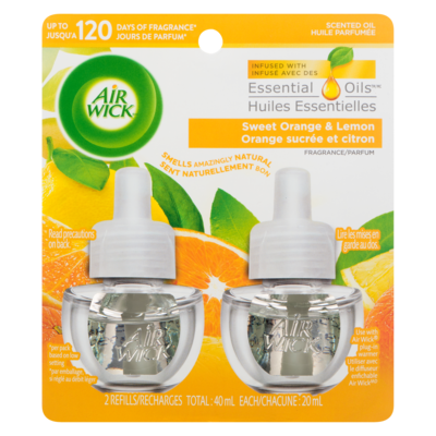 Air Wick Recharge pour désodorisant électrique, orange sucrée et citron, paquet de 2 40 ml, 34,98 $/100ml