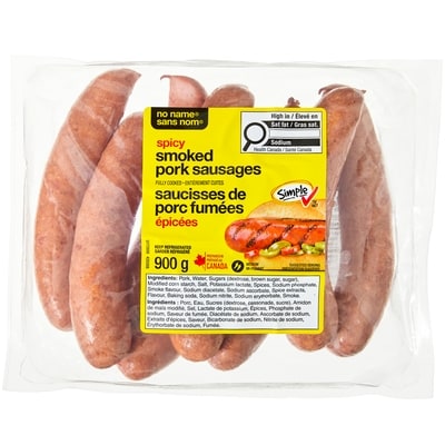Sans Nom Saucisses de porc fumées épicées 900 g, 1,11 $/100g