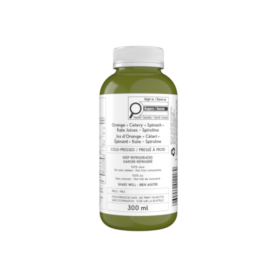 null Jus d'orange, céleri, épinards, chou frisé, spiruline, pressé à froid 300 ml, 2,00 $/100ml