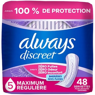Always Serviettes d’incontinence pour femmes adultes, absorption maximale, régulières, serviettes de post-partum, 48 serviettes 48 ea, 0,62 $/1ch