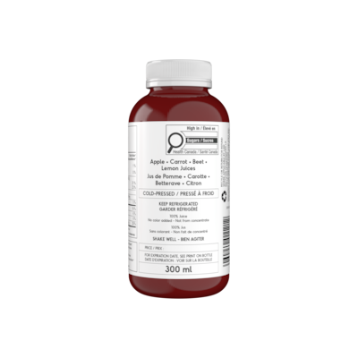 null Jus de pomme, carotte, betterave, citron, pressé à froid 300 ml, 2,00 $/100ml