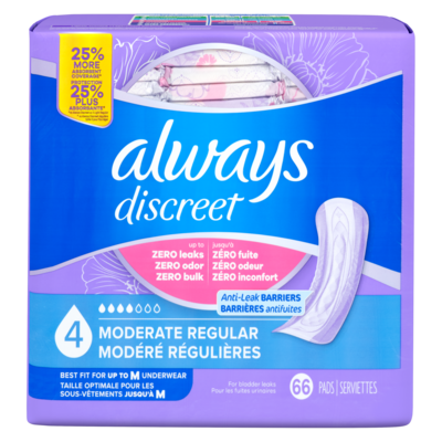 Always Serviettes d’incontinence pour femmes adultes, degré d’absorption modéré, régulières, serviettes de post-partum, 66 serviettes 66 ea, 0,33 $/1ch