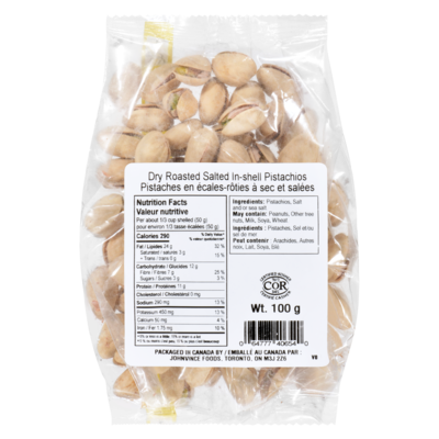 Johnvince Foods Pistaches en écales rôties à sec et salées 100 g, 3,50 $/100g