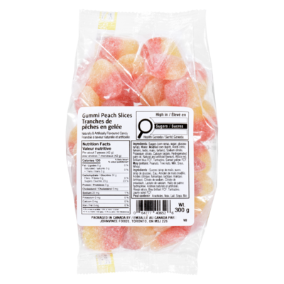 Johnvince Foods Friandise à saveur naturelle et artificielle tranches de pêches en gelée 300 g, 1,17 $/100g