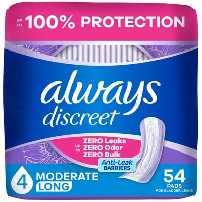 Always Adult Incontinence Pads For Women, Moderate Absorbency, Long Length, Postpartum Pads, 54 Ct 54 ea, $0.56/1ea