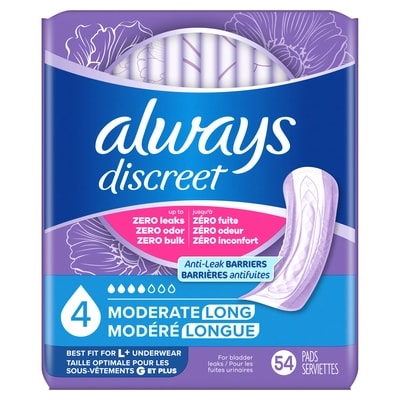 Always Serviette d’incontinence, degré d’absorption modéré, longues, 54 serviettes 54 ea, 0,44 $/1ch