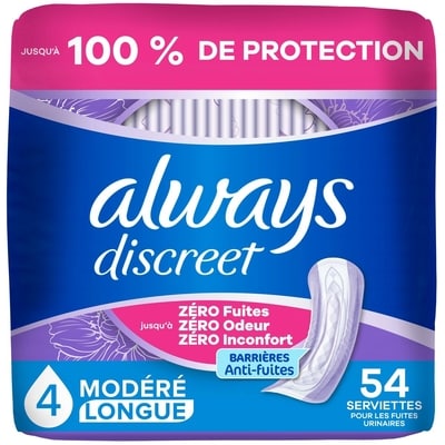 Always Serviettes d’incontinence pour femmes adultes, degré d’absorption modéré, longues, serviettes de post-partum, 54 serviettes 54 ea, 0,56 $/1ch