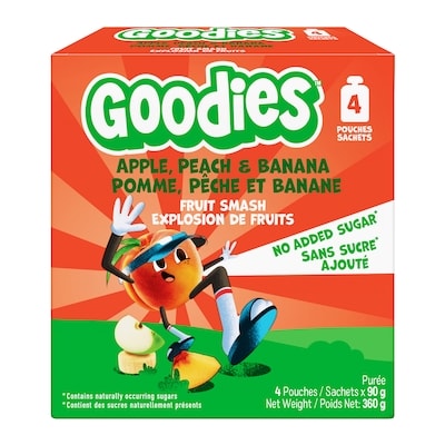 Baby Gourmet Collation pour enfants Pomme, pêche et banane – Sachet Explosion de Fruits sans sucre ajouté, collation aux fruits pour la boîte à lunch 360 g, 1,66 $/100g