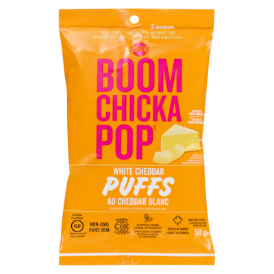 Angies Collation au maïs cuite au four puffs au cheddar blanc 50 g, 5,98 $/100g