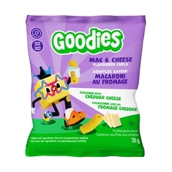 Goodies Goodies Collation pour enfants, Soufflés saveur macaroni au fromage, collation croustillante de grains soufflés sans gluten pour la boîte à lunch 28 g, 13,54 $/100g