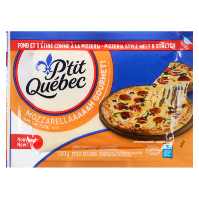 P'tit Québec Fromage pizza mozzarella mozzarellaaaaah gourmet! sans lactose 19 % m.g. 500 g, 1,80 $/100g