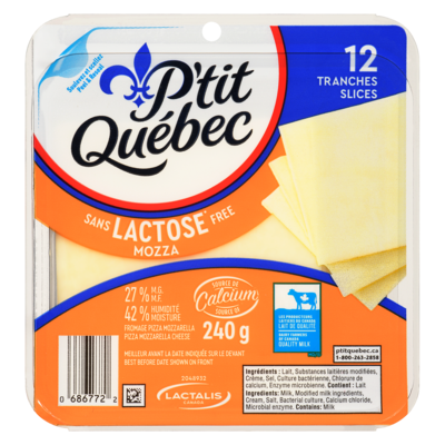 P'tit Québec Fromage pizza mozzarella sans lactose mozza 27 % m.g. 240 g, 2,08 $/100g