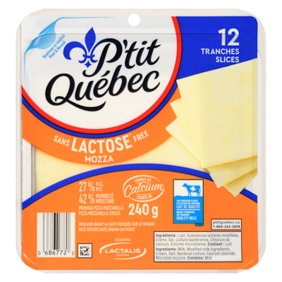 P'tit Québec Fromage pizza mozzarella sans lactose mozza 27 % m.g. 240 g, 2,50 $/100g
