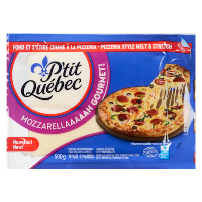 P'tit Québec Pizza Mozzarella Cheese Mozzarellaaaaah Gourmet! 19 % M.F. 500 g, $1.80/100g