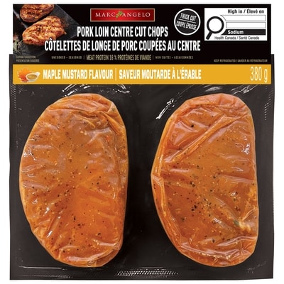 Marc Angelo Côtelettes de longe de porc coupées au centre, saveur moutarde à l'érable, paquet de 2 380 g, 2,63 $/100g