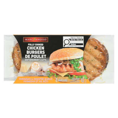 Marcangelo Fully Cooked Chicken Burgers, Parmesan & Roasted Garlic, 4 Burgers 450 g, $2.22/100g
