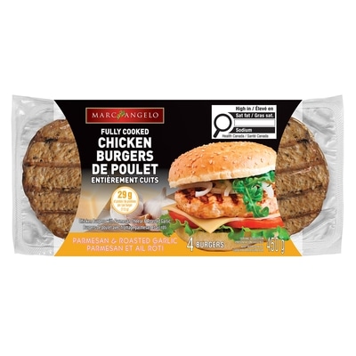 Marc Angelo Burgers de poulet entièrement cuits, parmesan et ail rôti, paquet de 4 450 g, 2,22 $/100g