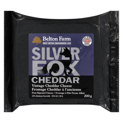 Coombe Firm Ripened Cheese Silver Fox Cheddar Vintage Cheddar Cheese 35% M.F. 200 g, $6.00/100g