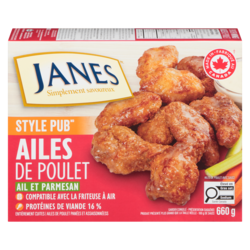 Janes Ailes de poulet panées et assaisonnéess ail et parmesan 660 g, 1,82 $/100g