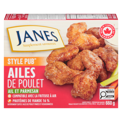 Janes Ailes de poulet panées et assaisonnéess ail et parmesan 660 g, 2,12 $/100g