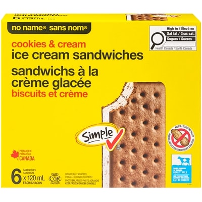 No Name Cookies and Cream Ice Cream Sandwiches 6x120.0 ml, $0.49/100ml