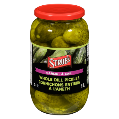 Strub’s Cornichons entiers à l'aneth à l'ail 1 l, 0,70 $/100ml