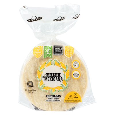 Tortillas maïs blanc 750 g, 0,60 $/100g