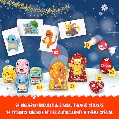Calendrier des Fêtes 2026 Pokémon, 24 confiseries au chocolat KINDER assorties et autocollants spéciaux
