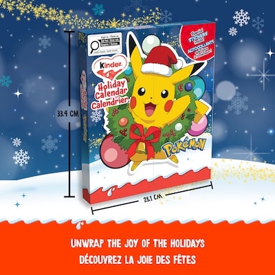 Calendrier des Fêtes 2026 Pokémon, 24 confiseries au chocolat KINDER assorties et autocollants spéciaux