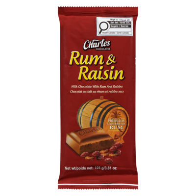 Charles Chocolates Chocolat au lait au rhum et raisins secs 108 g, 4,16 $/100g