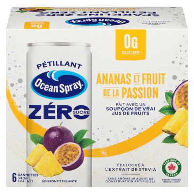 Ocean Spray Boisson pétillante ananas et fruit de la passion zéro sucre 6x340.0 ml, 0,42 $/100ml