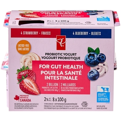 President's Choice 2% Probiotic Yogurt, Strawberry & Blueberry 8x100.0 g, $0.62/100g