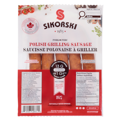 Sikorski Sausages Polish Grilling Sausage Pork 375 g, $2.00/100g