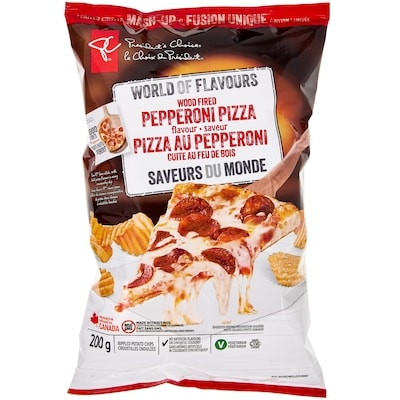 President's Choice World of Flavours Wood Fired Pepperoni Pizza Flavour Rippled Potato Chips 200 g, $1.75/100g