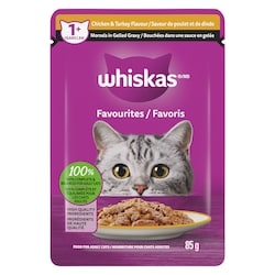 Whiskas Nourriture humide pour chats adultes FAVORIS Bouchées dans une sauce en gelée Saveur de poulet et de dinde, sachet de 85 g 85 g, 1,05 $/100g