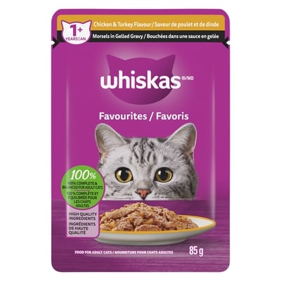 Whiskas Nourriture humide pour chats adultes FAVORIS Bouchées dans une sauce en gelée Saveur de poulet et de dinde, sachet de 85 g 85 g, 1,16 $/100g