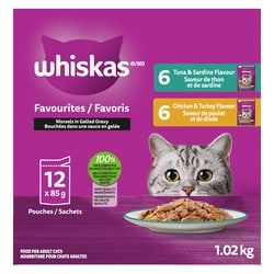 Whiskas FAVOURITES Adult Wet Cat Food Morsels in Gelled Gravy Tuna & Sardine Flavour and Chicken & Turkey Flavour Variety Pack, (12) 85 Pouch 12x85.0 g, $0.98/100g