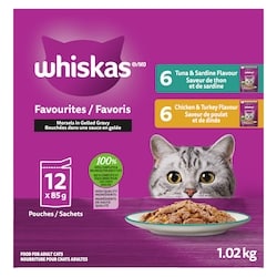 Whiskas Nourriture humide pour chats adultes FAVORIS Bouchées dans une sauce en gelée en format variété, saveur de thon et de sardine, et saveur de poulet et de dinde, (12) sachets de 85 g 12x85.0 g, 0,98 $/100g