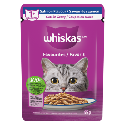 Whiskas Cat Food Pouch, Salmon Flavour Cuts in Gravy 85 g, $1.16/100g