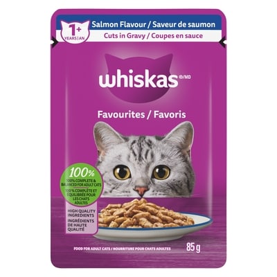 Whiskas Nourriture humide pour chats adultes FAVORIS Coupes en sauce Saveur de saumon, sachet de 85 g 85 g, 1,16 $/100g