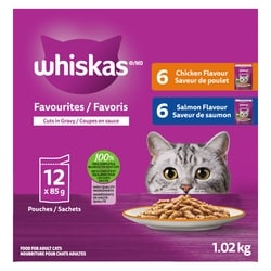 Whiskas FAVOURITES Adult Wet Cat Food Cuts in Gravy Chicken Flavour and Salmon Flavour Variety Pack, (12) 12x85.0 g, $0.98/100g
