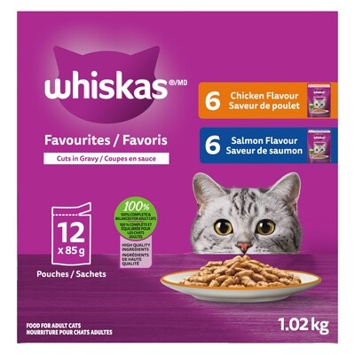 Whiskas FAVOURITES Adult Wet Cat Food Cuts in Gravy Chicken Flavour and Salmon Flavour Variety Pack, (12) 12x85.0 g, $0.98/100g