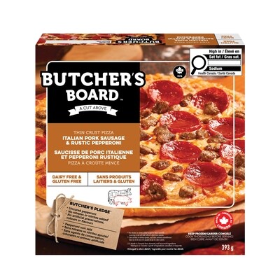  Pizza à croûte mince saucisse de porc italienne et pepperoni rustique 375 g, 3,46 $/100g