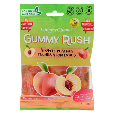  Pêches atomiques Gummy Rush  135 g, 1,85 $/100g