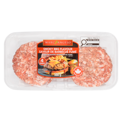 Marc Angelo Burgers de porc saveur de barbecue fumé, paquet de 4 500 g, 1,40 $/100g