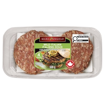 Marc Angelo Burgers de porc Italiens doux 500 g, 1,40 $/100g